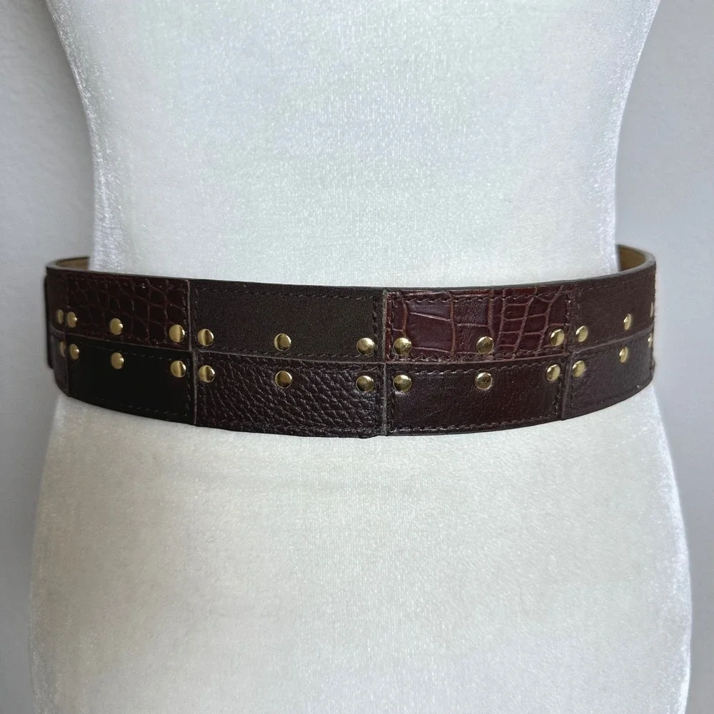 Michael‎ Kors Brown Leather Suede Patchwork Studded Waist Belt Gold Buckle Small